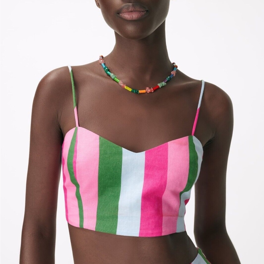 Zara Blogger Fave Linen Cotton Blend Stripped Pink Green Crop Top NWT
